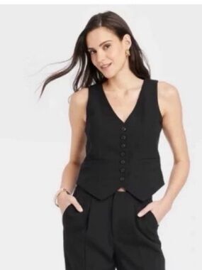a new day Black linen button vest button down front medium M